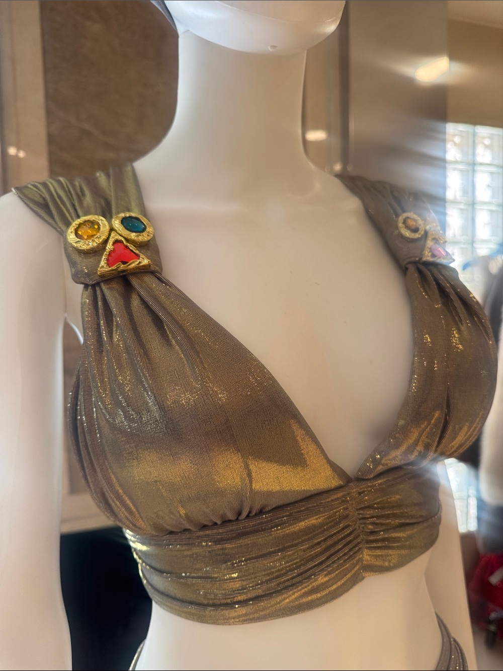 Vintage Style Metallic Gold 4 Piece Set Skirt Bikini Top Turban - Picture 3 of 10